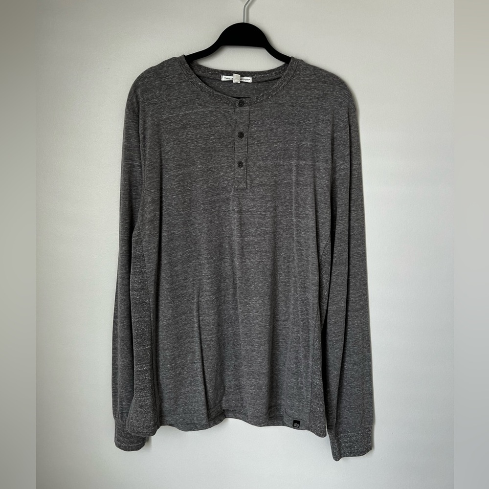 Grey crew neck long sleeve tee shirt with buttons